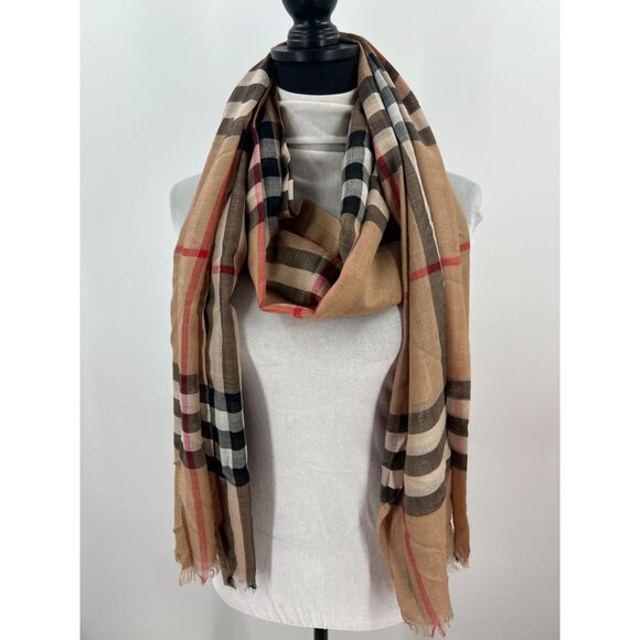 Burberry Beige Check Wool and Silk Scarf Made In Italy Soft & Lightweight - Picture 1 of 10